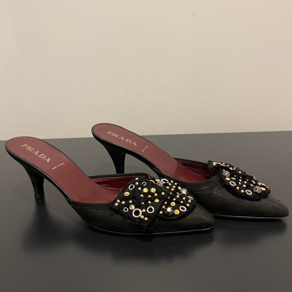Prada Black and Gold Embellished Mules